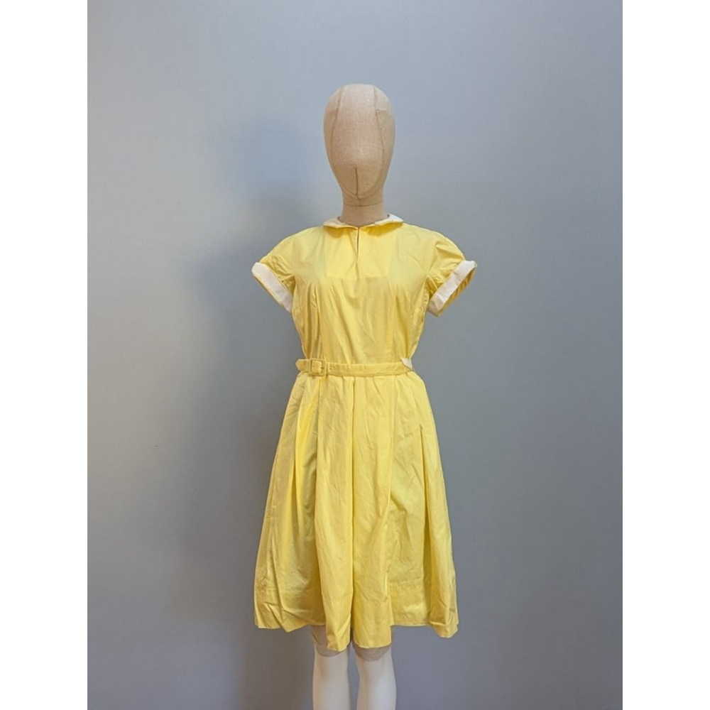 Jones Vintage Yellow & White Collared Short Sleeve Dress - Size 8 (Vintage) - Picture 2 of 9